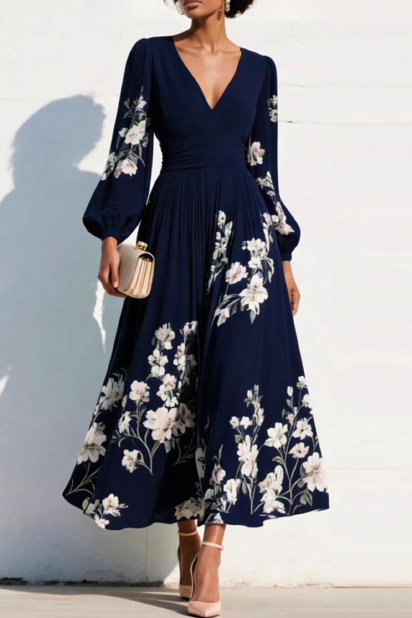 Floral Print V-neck Long-sleeved Fitted Waist Casual Maxi Dress