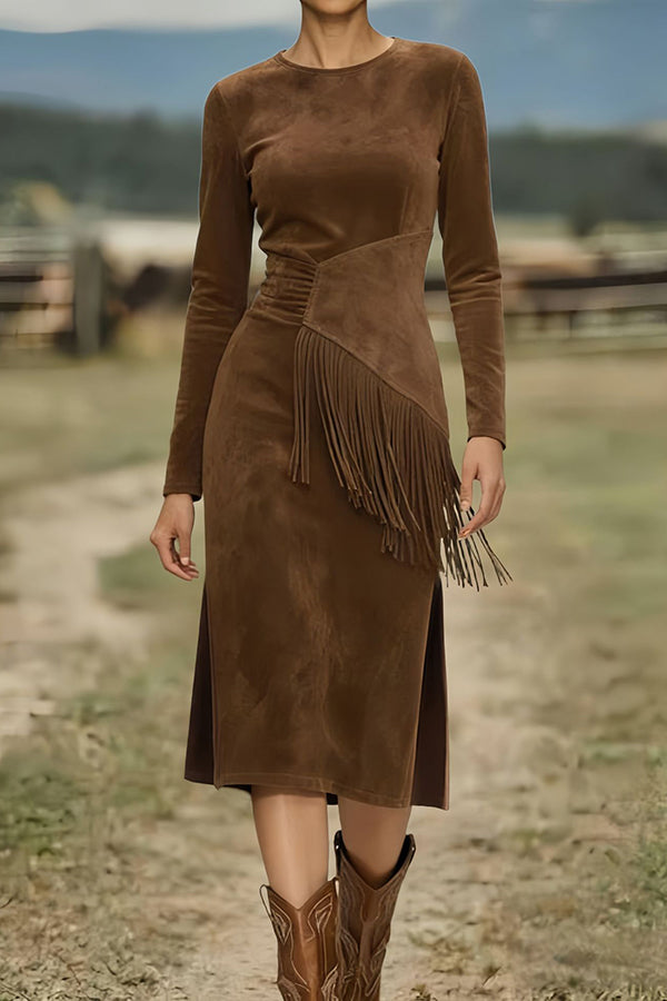 Solid Color Round Neck Long-sleeved Suede Slim-fit Tassel Midi Dress-consonak