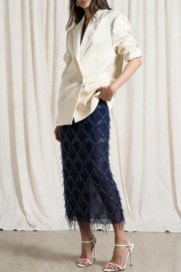 Fashionable Mesh See-through Sequined Tassel Midi Skirt