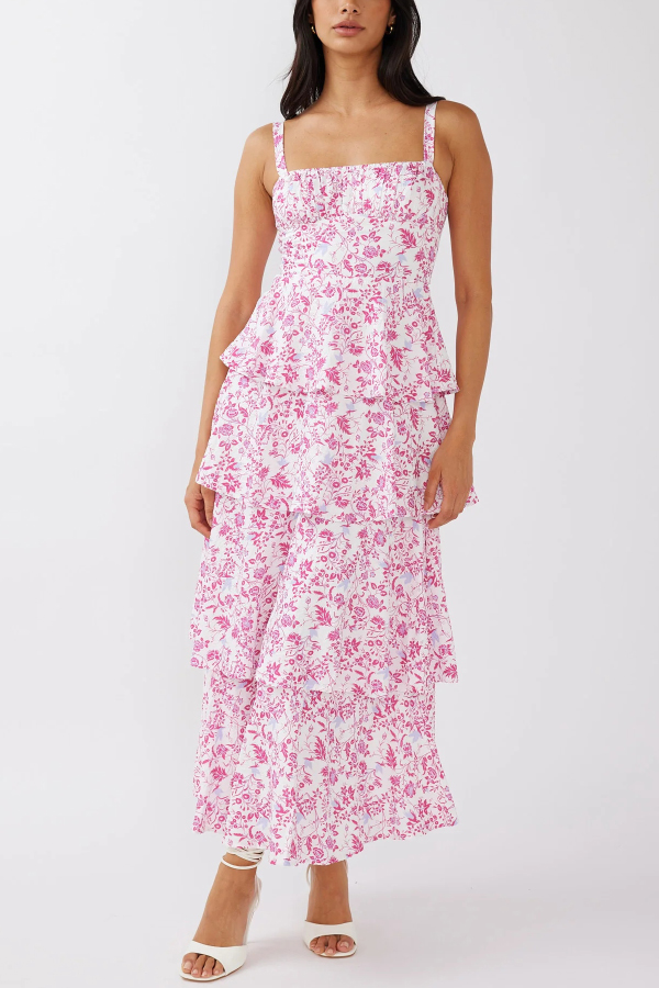 Floral Print Square Neckline Back Tie Casual Holiday Maxi Dress