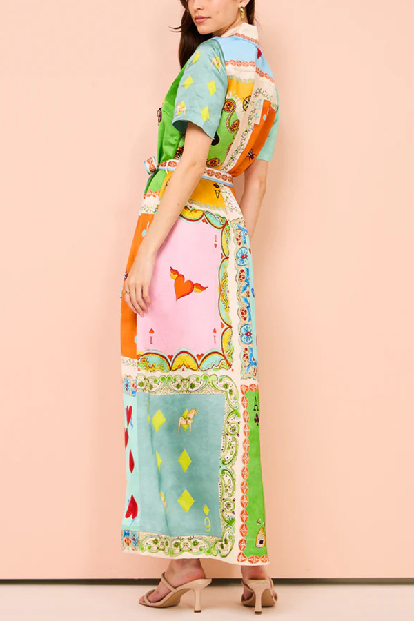 Kiana Linen Blend Unique Print Short Sleeved Tie Waist Shirt Maxi Dress-consonak