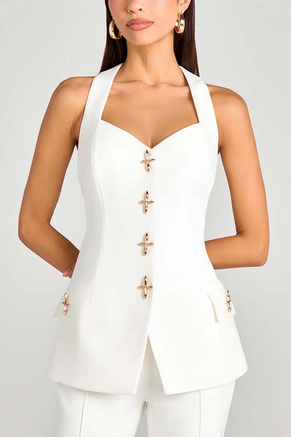 Women Power Metal Cross Snap Button Sweetheart Neck Wide Strap Vest-consonak