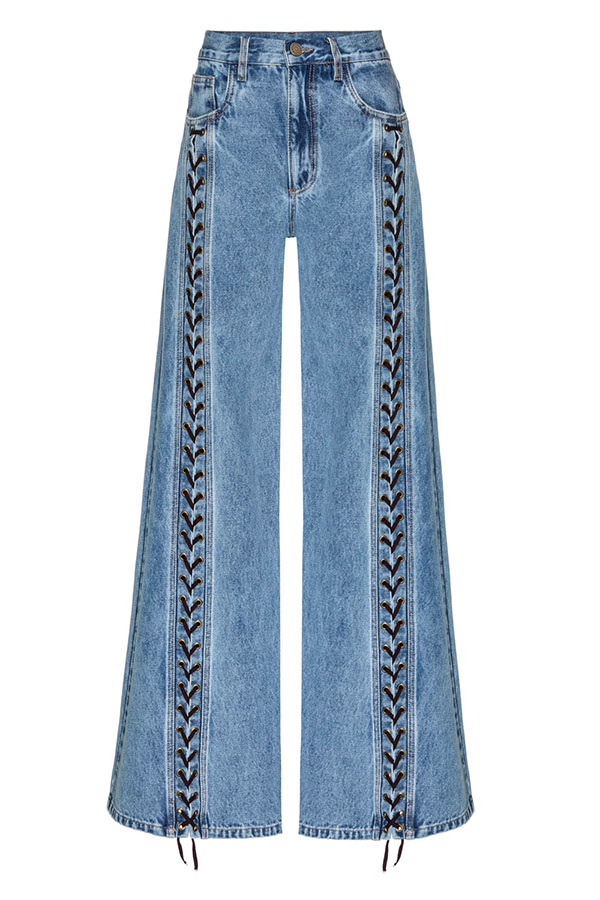 Harloe Denim High Rise Front Center Slit Rope Knot Design Pocket Wide Leg Jeans