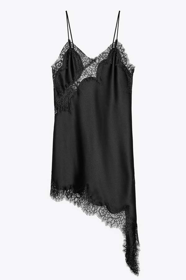 Elouise Satin Lace Trim V-neck Asymmetrical Hem Slip Mini Dress-consonak