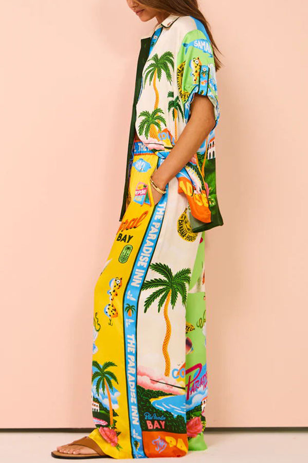 Kissed By The Sun Satin Unique Print Colorblock Elastic Waist Pocketed Wide Leg Pants | Consonak