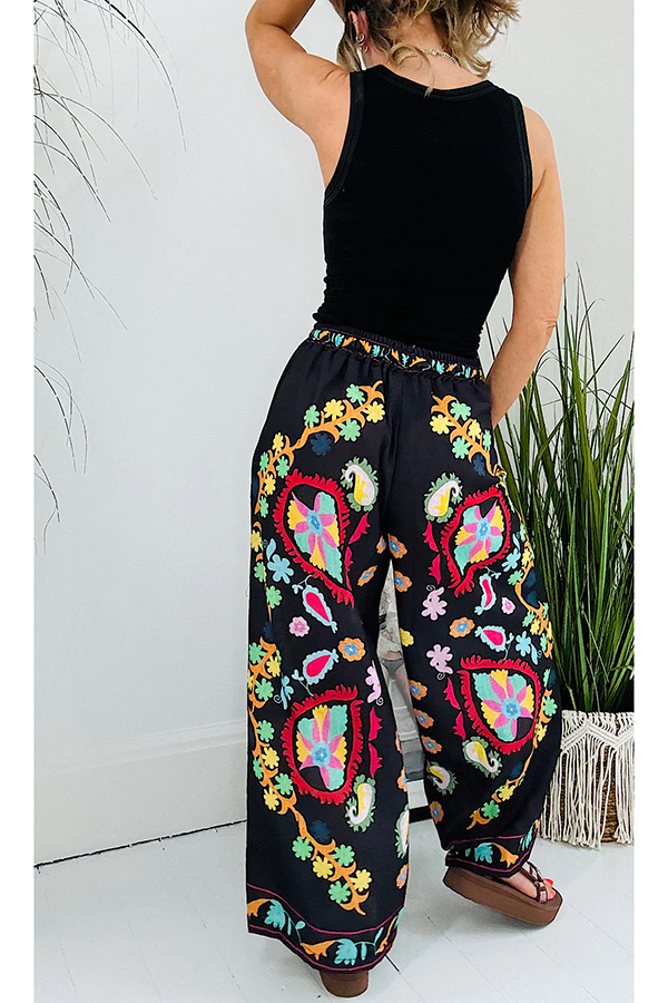 Hippie Style Unique Floral Denim Print Elastic Waist Pocketed Wide Leg Pants-consonak
