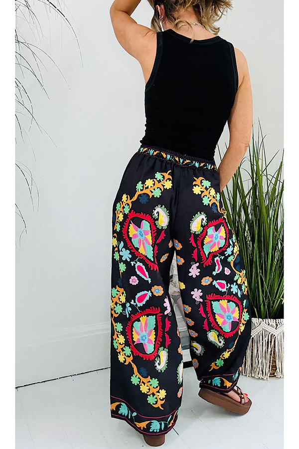 Hippie Style Unique Floral Denim Print Elastic Waist Pocketed Wide Leg Pants-consonak