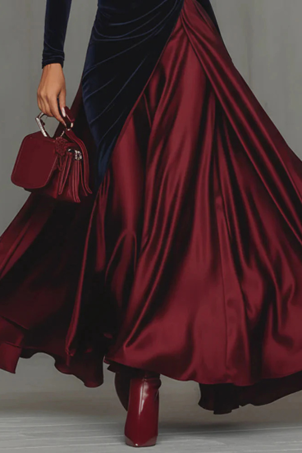Velvet Color-blocked Casual High-neck Long-sleeved Slim-fit Maxi Dress