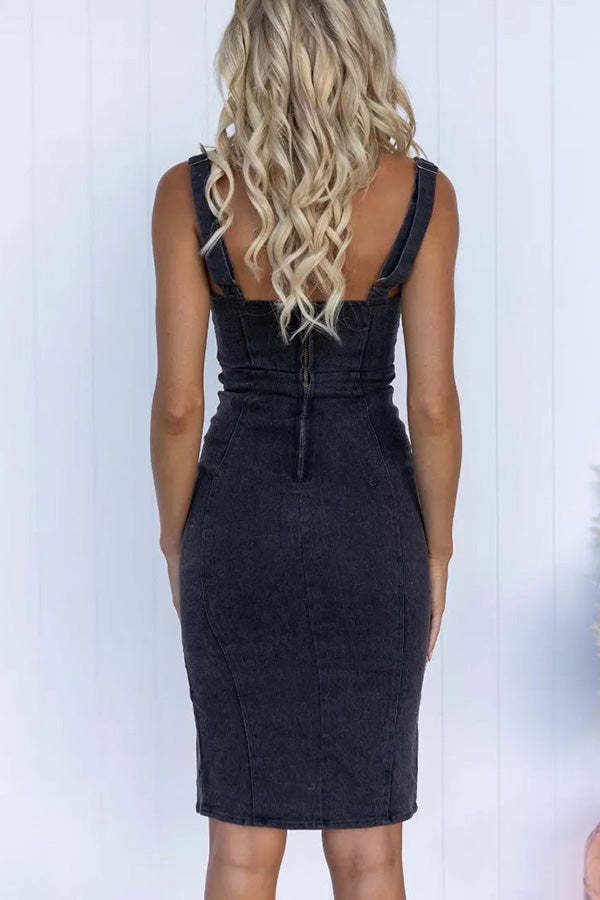 This Seasons Staple Denim Adjustable Straps Zip-up Firm Stretch Midi Dress-consonak