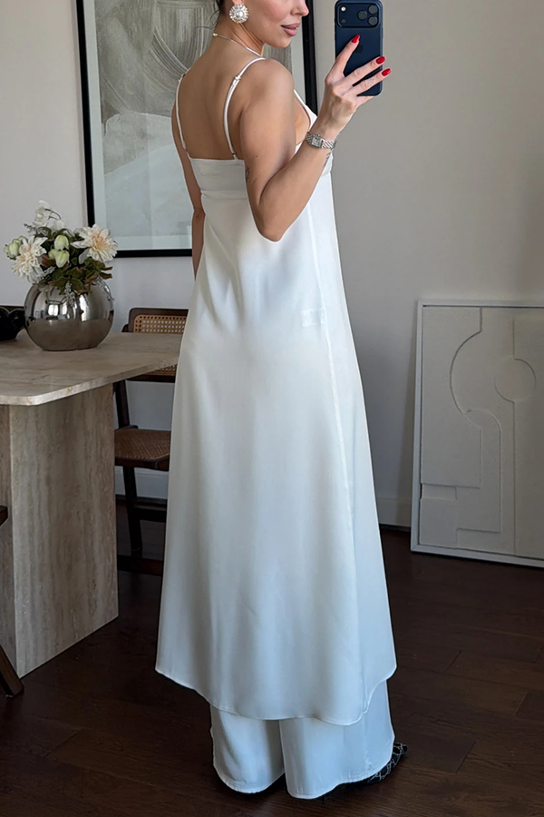 Giselle Satin Front Button Cutout Slit Midi Top and Elastic Waist Loose Pants Set