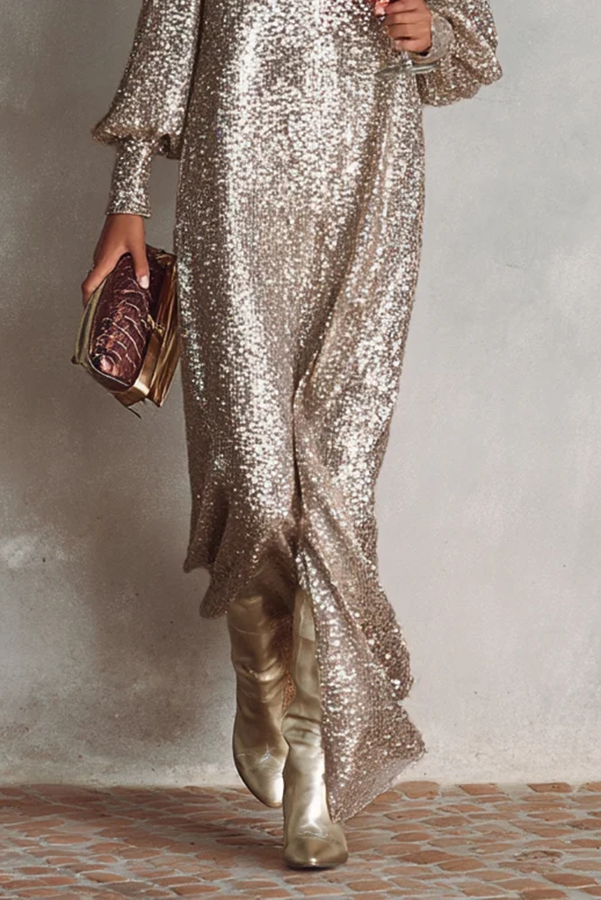 Minimalist Sparkling Sequin V-neck Long Balloon Sleeve Slit Party Maxi Dress | Consonak