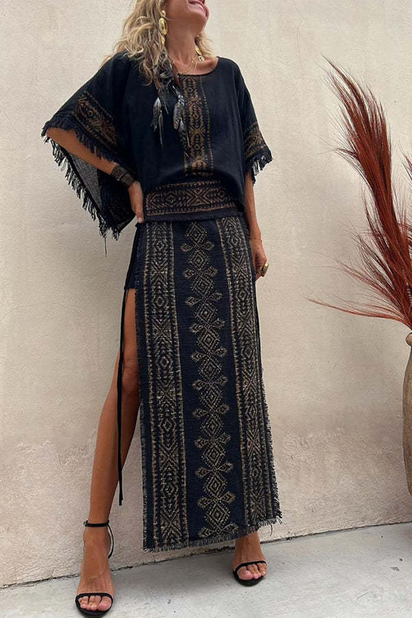 Alana Linen Blend Ethnic Print Patchwork Side Lace-up Maxi Skirt-consonak