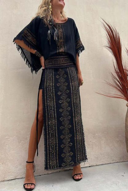 Alana Linen Blend Ethnic Print Patchwork Side Lace-up Maxi Skirt-consonak