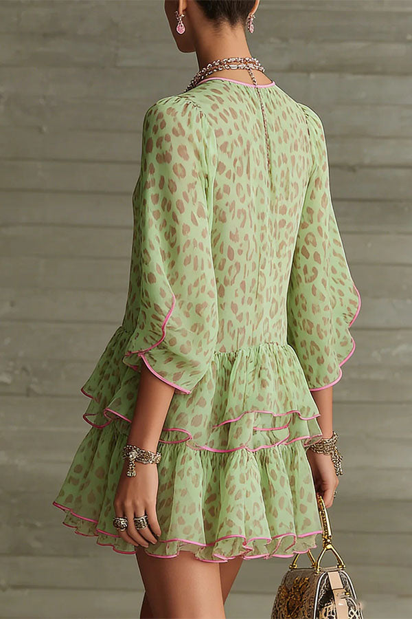 Amara Green Leopard Print Tiered Ruffle Mini Dress-Consonak