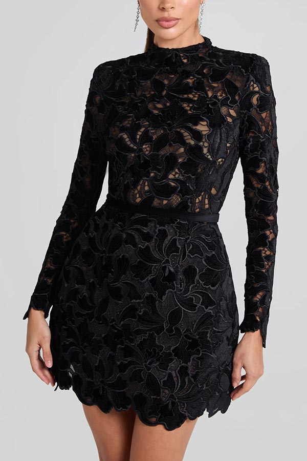 Lydia Embroidered Floral Lace Long Sleeve Belt Tulip Shaped Mini Dress | Consonak