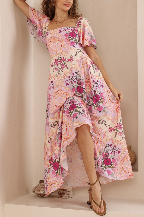 Plant Print Short-sleeved Square Neck Casual Pocket Holiday Midi Dress-consonak