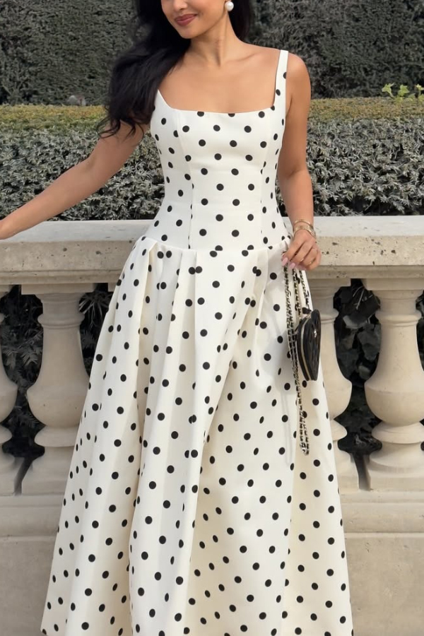Polka Dot Print Square Neck Sleeveless Holiday Maxi Dress