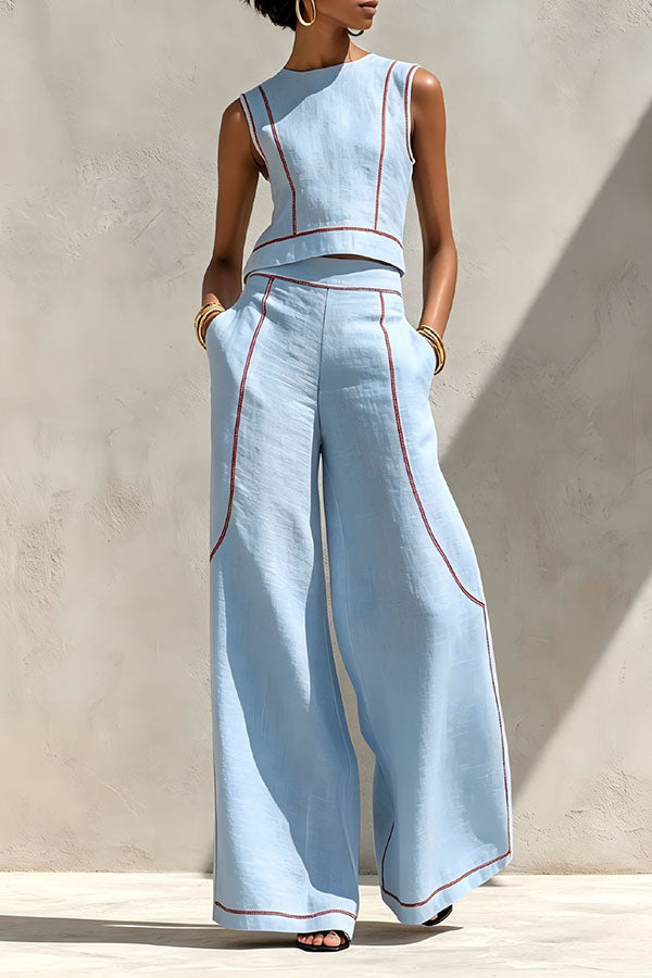 Elysia Contrast-Stitch Linen Two-Piece Set-Consonak