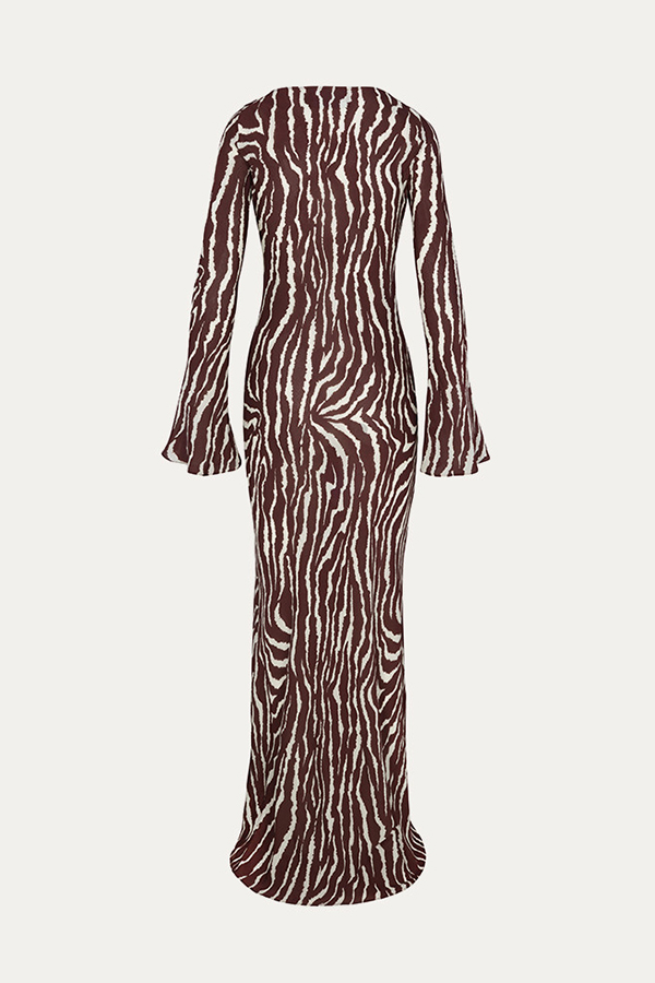 Gia Unique Print Boat Neck Long Bell Sleeve Bias Cut Maxi Dress-consonak