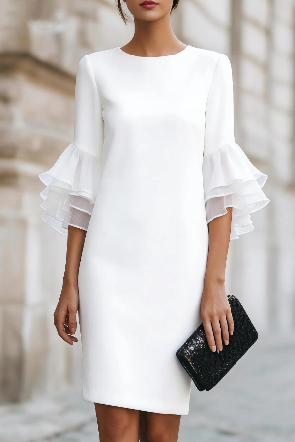 Solid Color Round Neck Ruffle Sleeve Elegant Mini Dress | Consonak