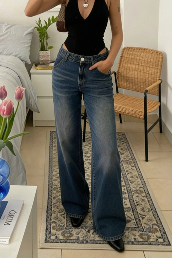 Stylish Pocket Casual Straight Wide Leg Women's Jeans-consonak