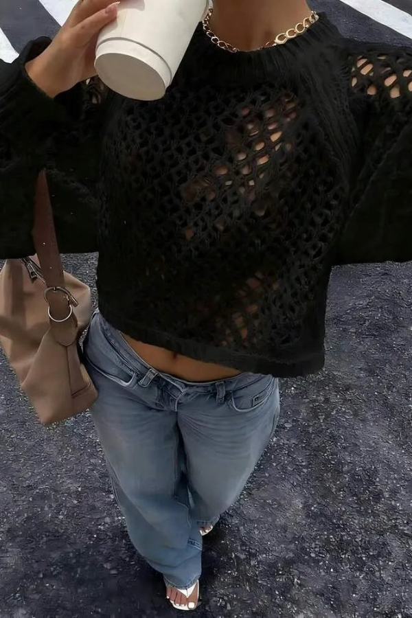 Fashionable Openwork Round Neck Long-sleeved Backless Tie Knit Sweater