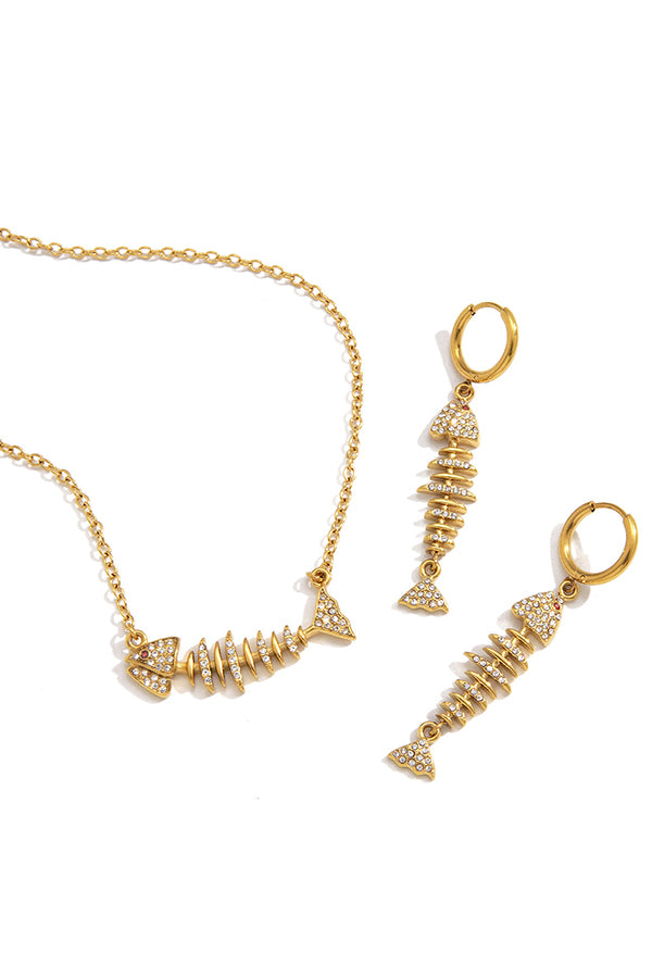 Stylish Rhinestone-accented Fishbone Stud Earrings and Necklace-Consonak