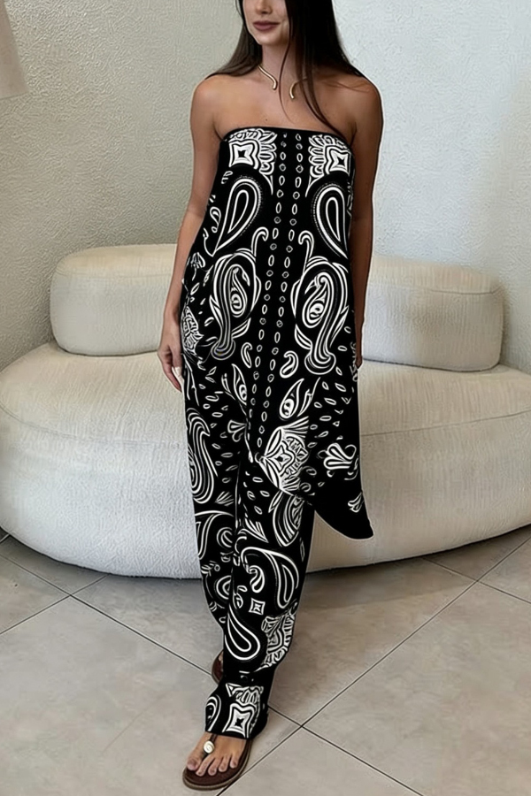 Unique Printed Sleeveless Off-shoulder Top and Elastic Waist Casual Straight Leg Pants Set