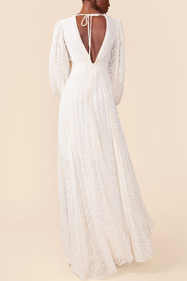 Wedding Guests Pleated Textured Chiffon Fabric Balloon Sleeve Open Back Maxi Dress-consonak