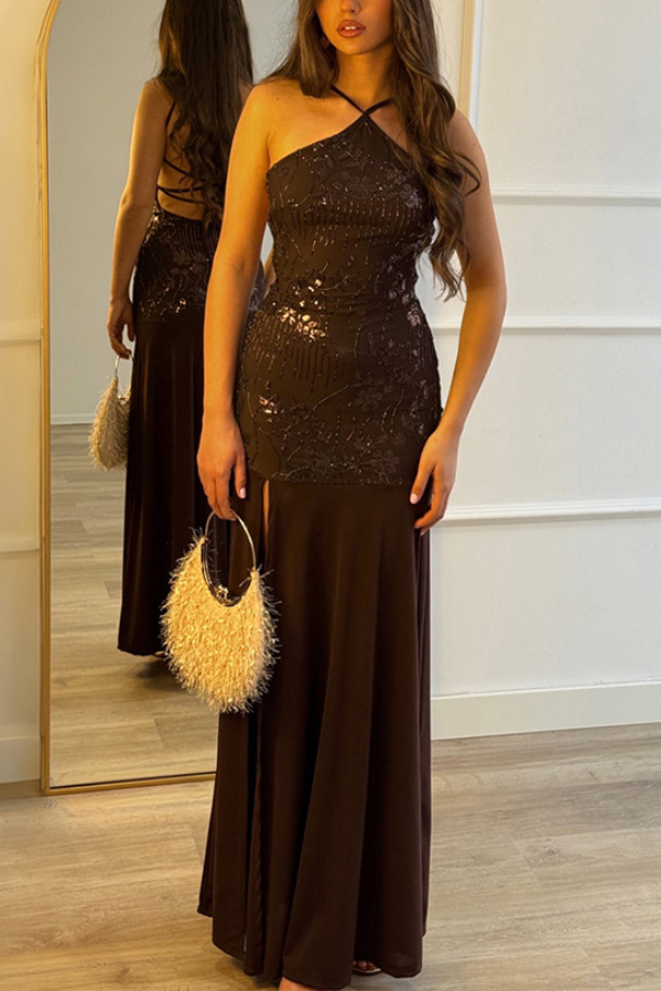 Fashionable Sequined Halter Neck Elegant Slim-fit Slit Maxi Dress-consonak
