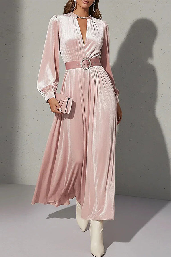 Solid Color Velvet V-neck Long-sleeved Belted Elegant Maxi Dress-consonak