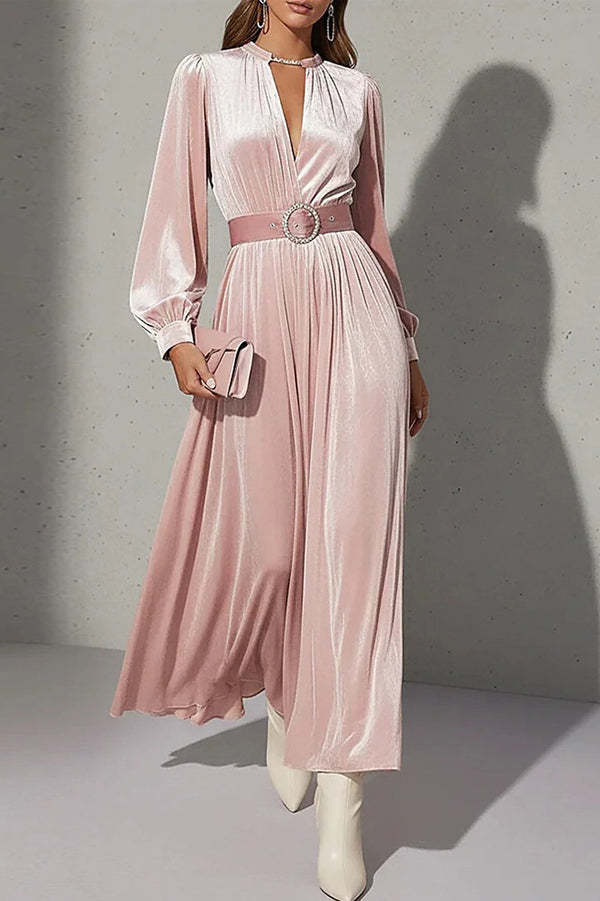 Solid Color Velvet V-neck Long-sleeved Belted Elegant Maxi Dress-consonak