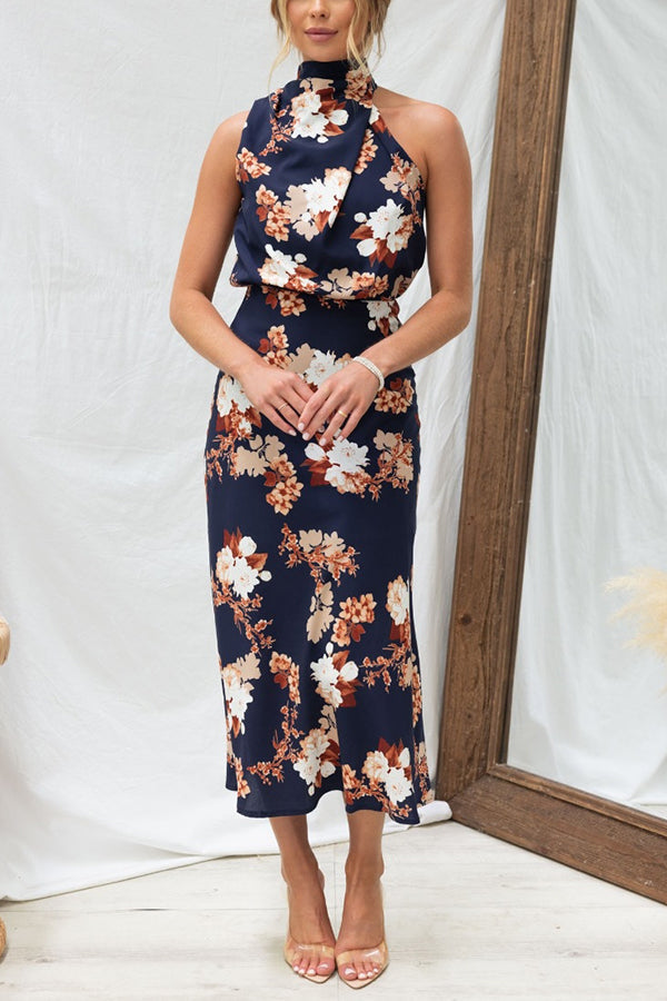 Wine Country Dates Floral Halter Neck Elastic Waist Party Midi Dress-consonak