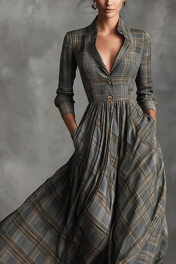Retro Plaid Print Long-sleeved Shirt Style Casual Maxi Dress-consonak
