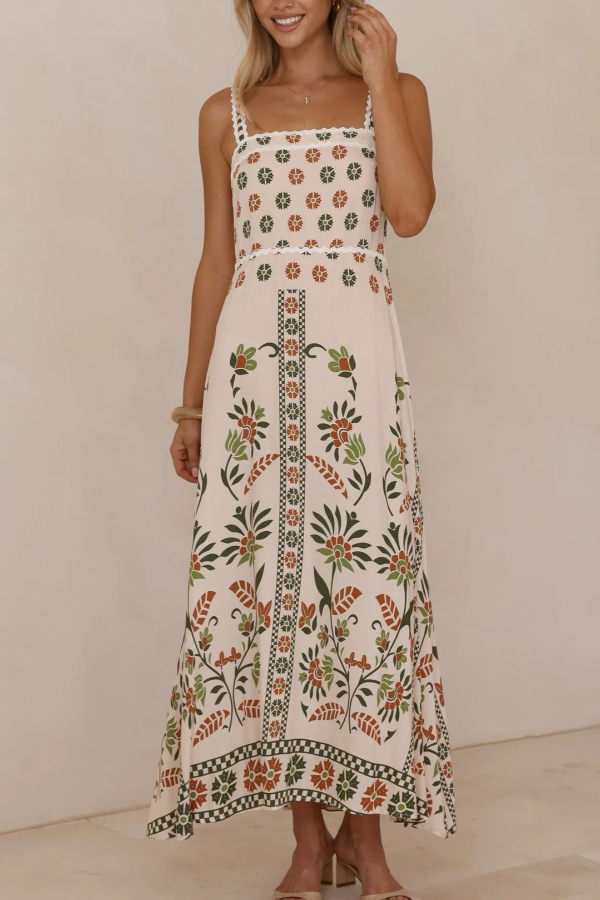 Floral Print Sleeveless Square Neck Casual Vacation Maxi Dress-consonak