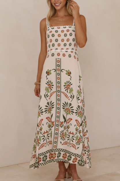 Floral Print Sleeveless Square Neck Casual Vacation Maxi Dress