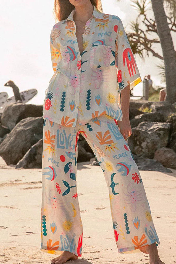 Abstract Sea Creature Print Button Pockets Elastic Waist Pant Suit-consonak