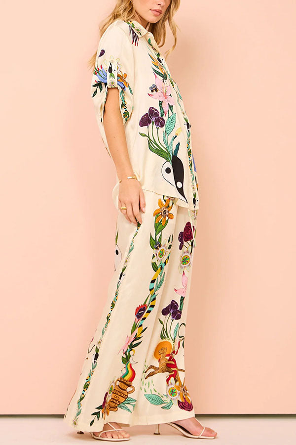 Modern Sophisticated Feel Satin Unique Print Button Down Oversized Blouse-consonak