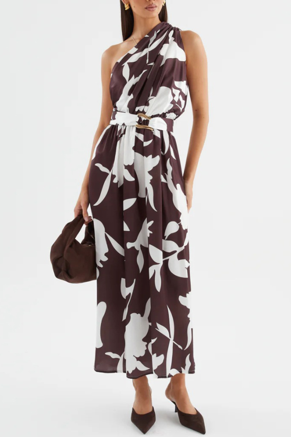 Unique Printed One-Shoulder Belt Casual Holiday Maxi Dress