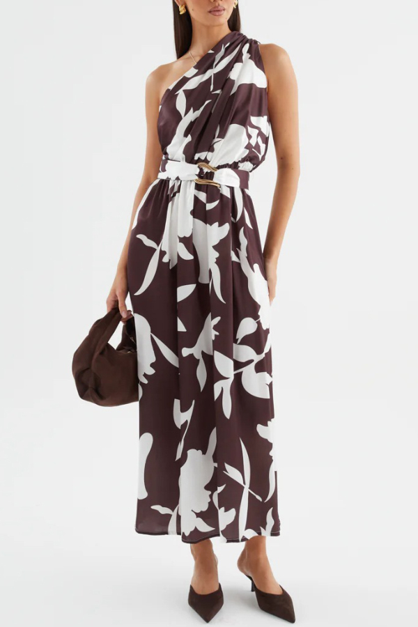 Unique Printed One-Shoulder Belt Casual Holiday Maxi Dress