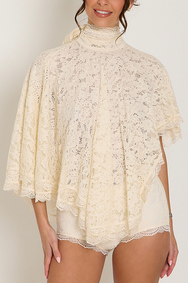 Carmen Lace Bow-tie Round Neckline Ruffle Cape Overlay Top | Consonak
