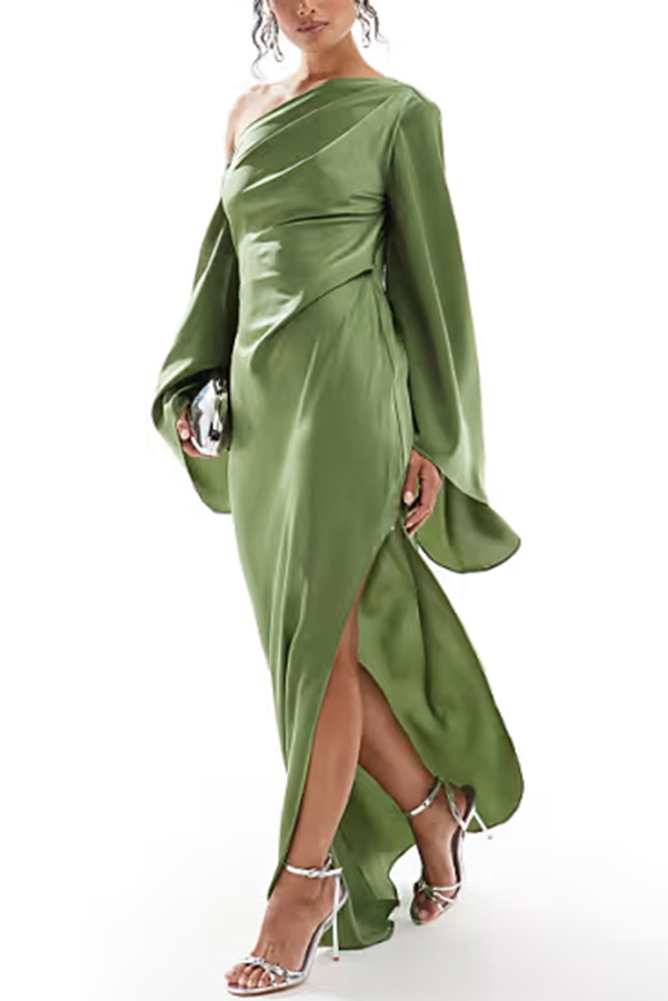 Zayla Satin Asymmetrical One Shoulder Bell Sleeve Slit Maxi Dress-consonak