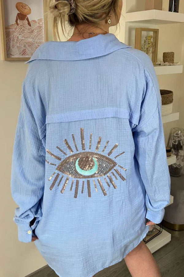 Summer Breeze Linen Blend Sequin Magic Eye Desig Oversized Relax Shirt | Consonak
