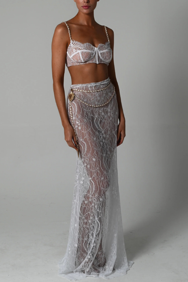 Stylish Lace Camisole Bra Top and Vacation See-through Maxi Fishtail Skirt Set | Consonak