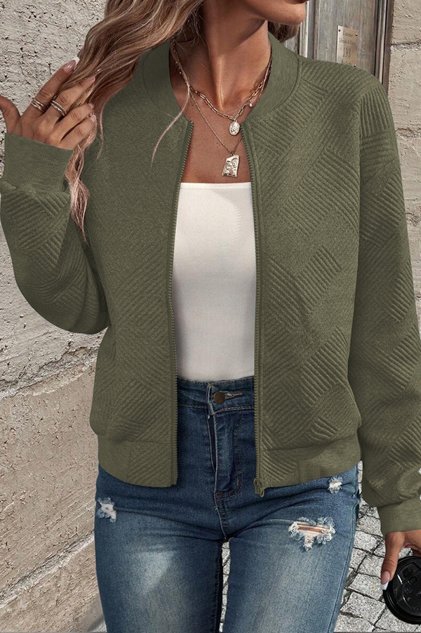 Solid Color Zippered Round Neck Long Sleeve Casual Jacket-consonak