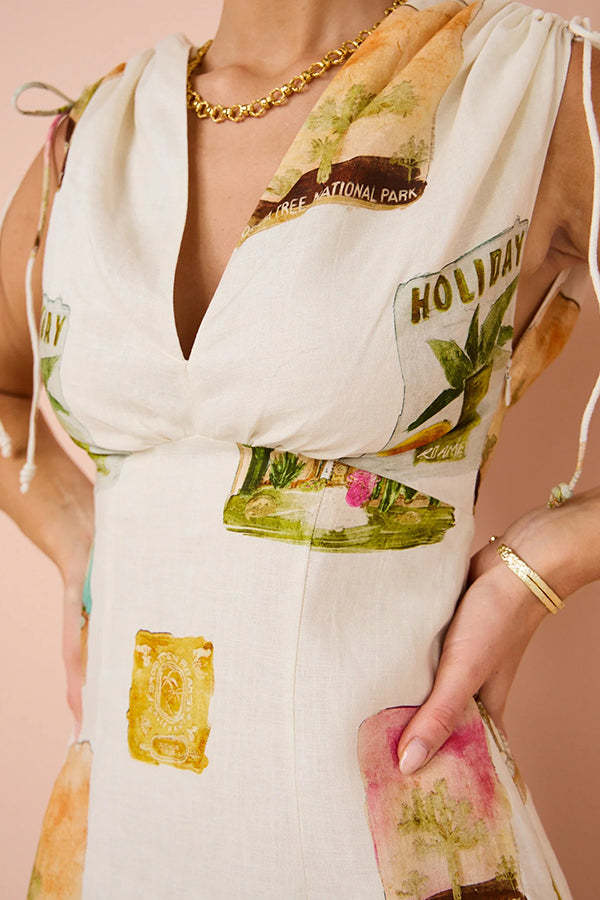 Art Summer Linen Blend Unique Print Drawstring Shoulder Loose Maxi Dress-consonak