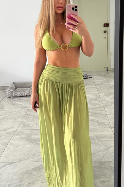 Stylish Halter Neck Tie Stretch Bikini Swimsuit and Tulle Pleated Maxi Skirt Three-piece Set