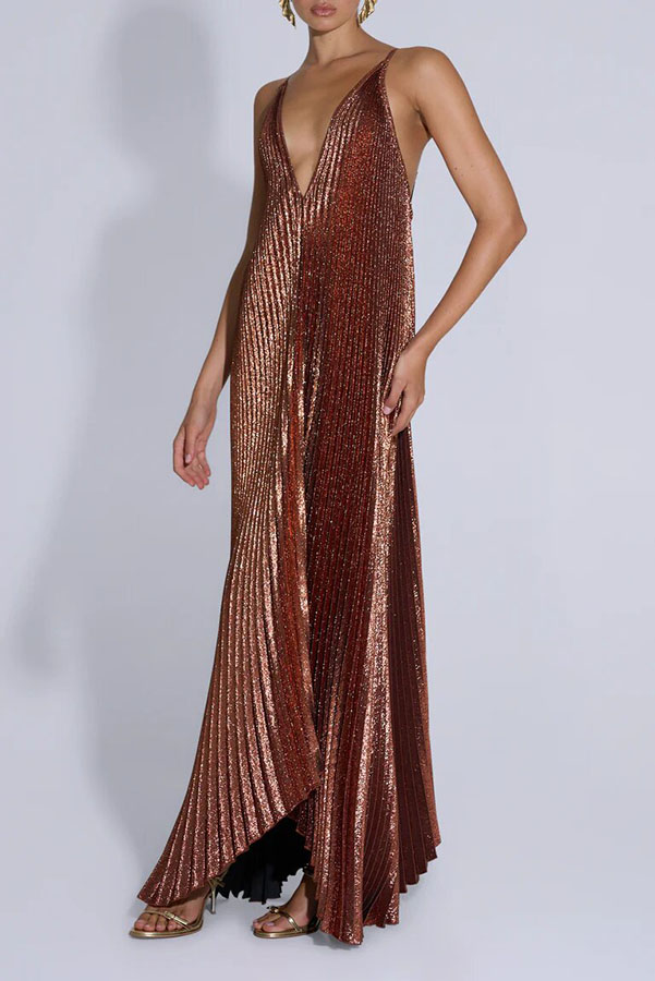 Muse Glitter Fabric Pleated V-neck Tulip-cut Hemline Slip Maxi Dress