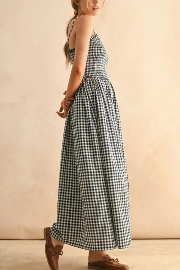 Stylish Plaid Print Spaghetti Strap Ruched Casual Pocket Maxi Dress | Consonak