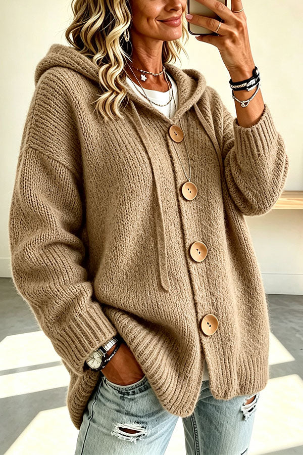 Warm Season Knit Four-button Long Sleeve Hooded Loose Cardigan-Consonak